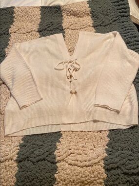 DKNY Cream Lace-Up V-Neck Sweater